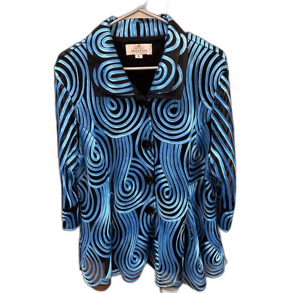 Serafina Premium RuffleTop XL Button Double Collar Sheer 3/4 Sleeve Lined Ribbon - Picture 1 of 11